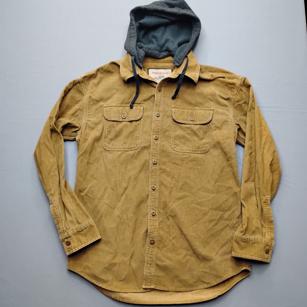 American Eagle Mens Corduroy Shirt Jacket Tan Brown Hooded Shacket Size LT